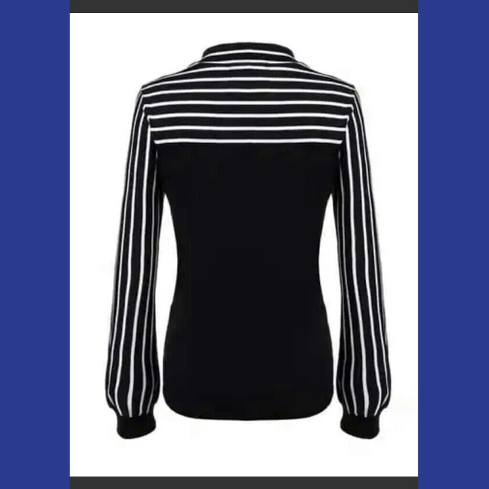 Black and White Tie Neck Blouse - Picture 3 of 4